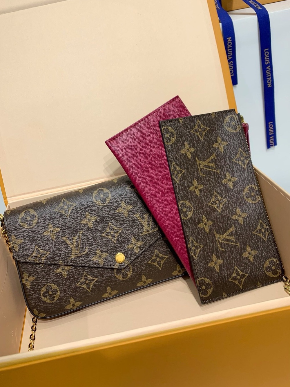 Louis Vuitton Monogram Canvas Clutch & Wallet in Brown and Fuchsia